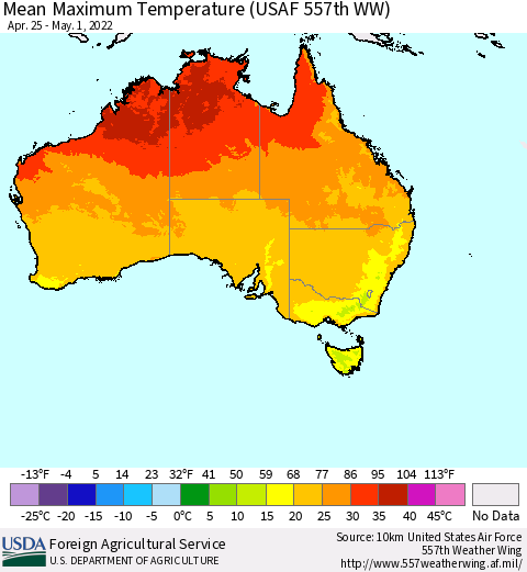 Australia Mean Maximum Temperature (USAF 557th WW) Thematic Map For 4/25/2022 - 5/1/2022