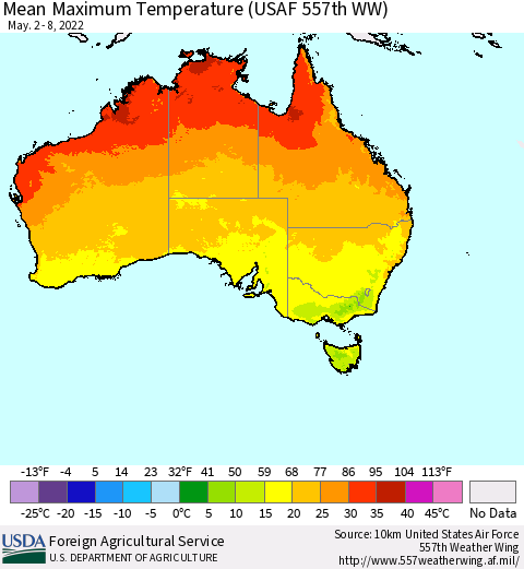 Australia Mean Maximum Temperature (USAF 557th WW) Thematic Map For 5/2/2022 - 5/8/2022