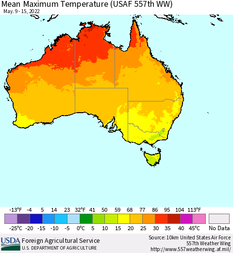 Australia Mean Maximum Temperature (USAF 557th WW) Thematic Map For 5/9/2022 - 5/15/2022
