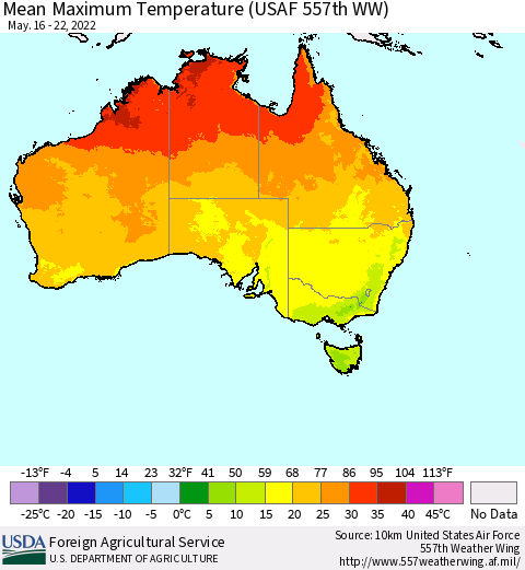 Australia Mean Maximum Temperature (USAF 557th WW) Thematic Map For 5/16/2022 - 5/22/2022