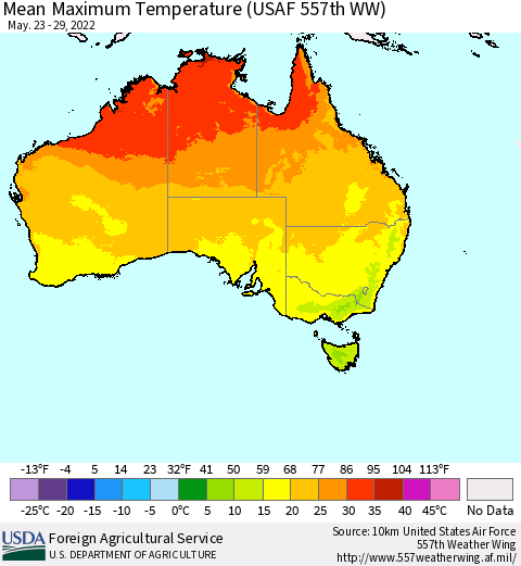 Australia Mean Maximum Temperature (USAF 557th WW) Thematic Map For 5/23/2022 - 5/29/2022