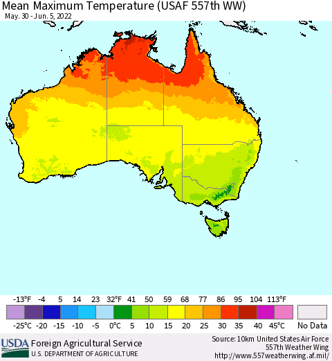 Australia Mean Maximum Temperature (USAF 557th WW) Thematic Map For 5/30/2022 - 6/5/2022