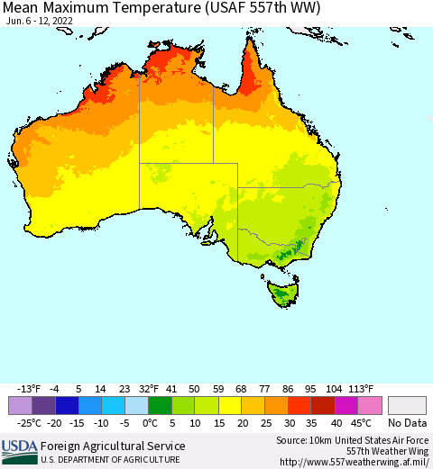 Australia Mean Maximum Temperature (USAF 557th WW) Thematic Map For 6/6/2022 - 6/12/2022