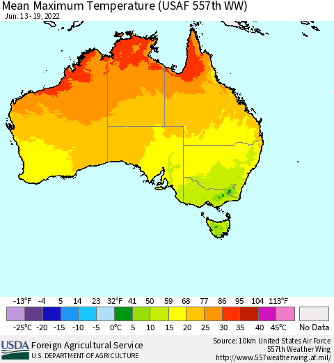 Australia Mean Maximum Temperature (USAF 557th WW) Thematic Map For 6/13/2022 - 6/19/2022
