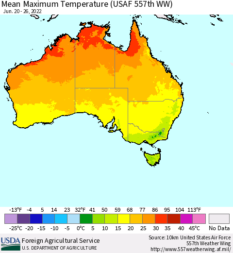 Australia Mean Maximum Temperature (USAF 557th WW) Thematic Map For 6/20/2022 - 6/26/2022