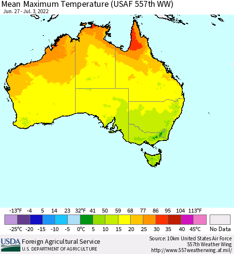 Australia Mean Maximum Temperature (USAF 557th WW) Thematic Map For 6/27/2022 - 7/3/2022