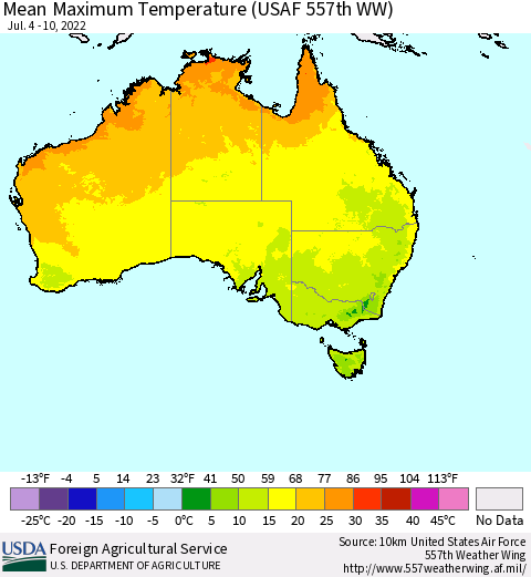 Australia Mean Maximum Temperature (USAF 557th WW) Thematic Map For 7/4/2022 - 7/10/2022
