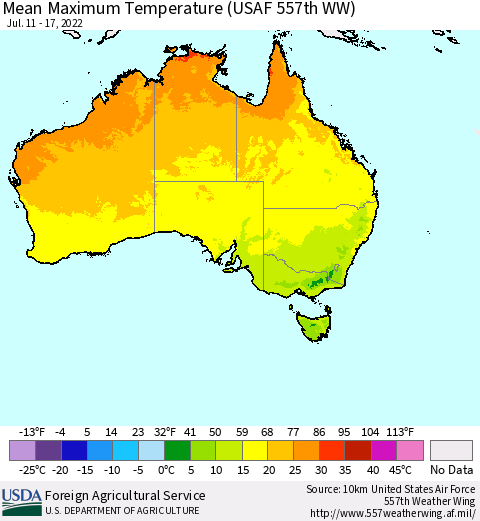 Australia Mean Maximum Temperature (USAF 557th WW) Thematic Map For 7/11/2022 - 7/17/2022