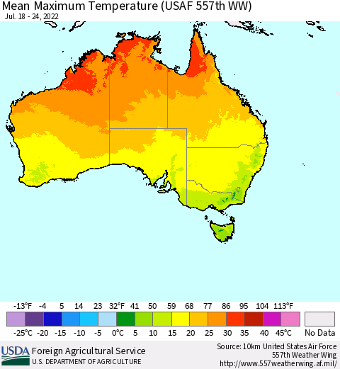 Australia Mean Maximum Temperature (USAF 557th WW) Thematic Map For 7/18/2022 - 7/24/2022