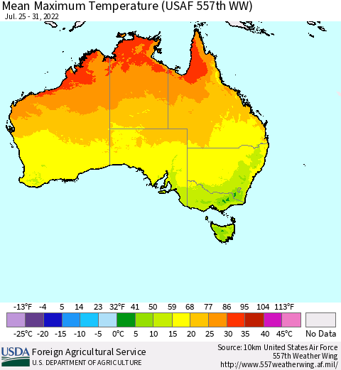 Australia Mean Maximum Temperature (USAF 557th WW) Thematic Map For 7/25/2022 - 7/31/2022