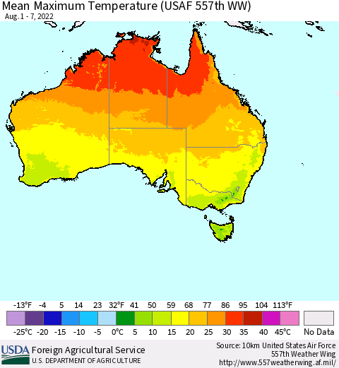 Australia Mean Maximum Temperature (USAF 557th WW) Thematic Map For 8/1/2022 - 8/7/2022