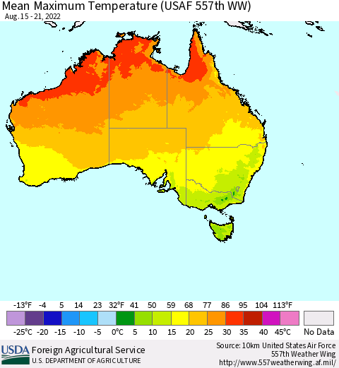 Australia Mean Maximum Temperature (USAF 557th WW) Thematic Map For 8/15/2022 - 8/21/2022