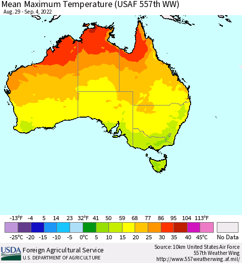 Australia Mean Maximum Temperature (USAF 557th WW) Thematic Map For 8/29/2022 - 9/4/2022