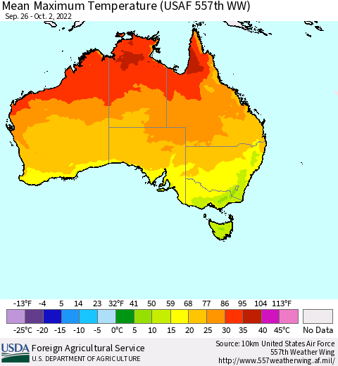 Australia Mean Maximum Temperature (USAF 557th WW) Thematic Map For 9/26/2022 - 10/2/2022