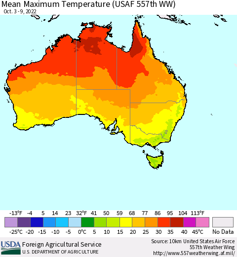 Australia Mean Maximum Temperature (USAF 557th WW) Thematic Map For 10/3/2022 - 10/9/2022