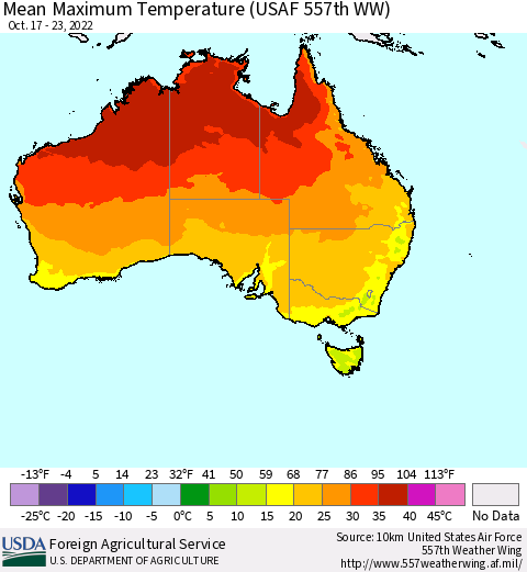 Australia Mean Maximum Temperature (USAF 557th WW) Thematic Map For 10/17/2022 - 10/23/2022
