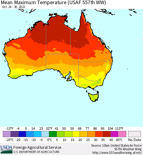 Australia Mean Maximum Temperature (USAF 557th WW) Thematic Map For 10/24/2022 - 10/30/2022