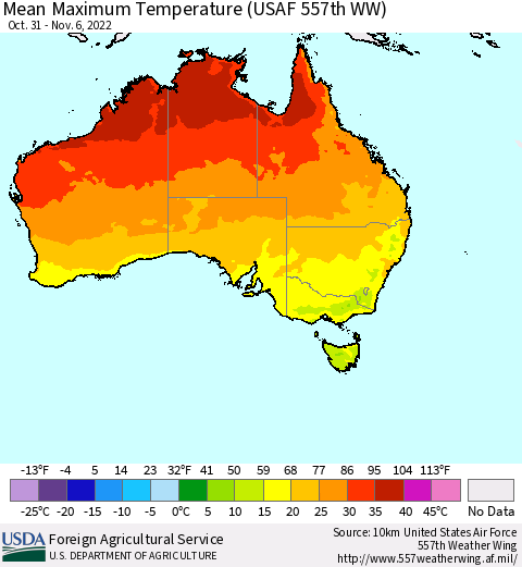 Australia Mean Maximum Temperature (USAF 557th WW) Thematic Map For 10/31/2022 - 11/6/2022