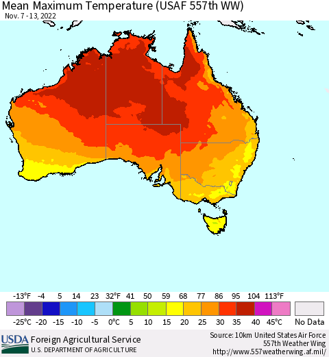 Australia Mean Maximum Temperature (USAF 557th WW) Thematic Map For 11/7/2022 - 11/13/2022