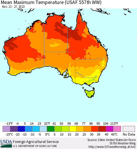 Australia Mean Maximum Temperature (USAF 557th WW) Thematic Map For 11/21/2022 - 11/27/2022