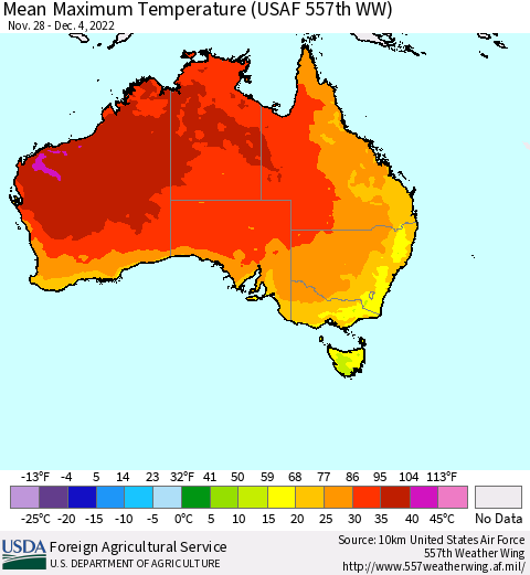 Australia Mean Maximum Temperature (USAF 557th WW) Thematic Map For 11/28/2022 - 12/4/2022