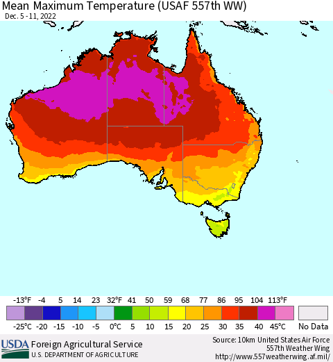 Australia Mean Maximum Temperature (USAF 557th WW) Thematic Map For 12/5/2022 - 12/11/2022
