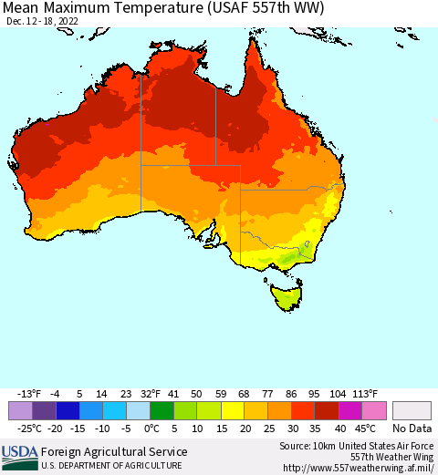 Australia Mean Maximum Temperature (USAF 557th WW) Thematic Map For 12/12/2022 - 12/18/2022