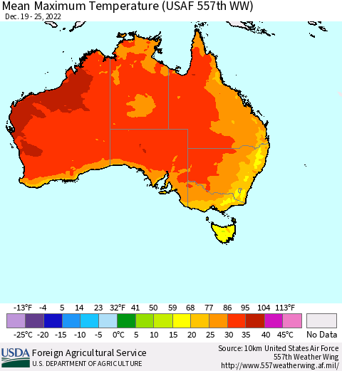 Australia Mean Maximum Temperature (USAF 557th WW) Thematic Map For 12/19/2022 - 12/25/2022