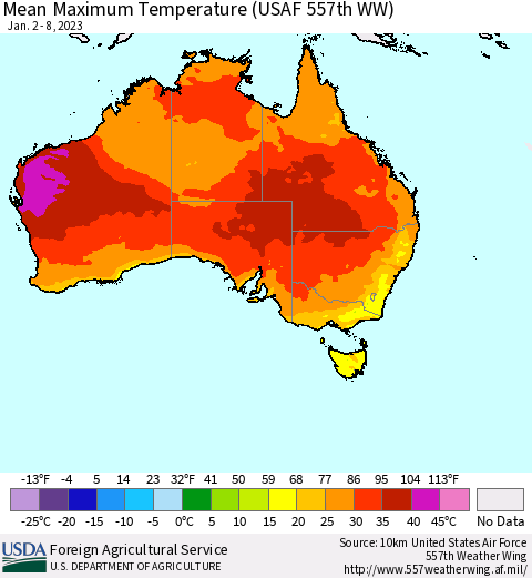 Australia Mean Maximum Temperature (USAF 557th WW) Thematic Map For 1/2/2023 - 1/8/2023