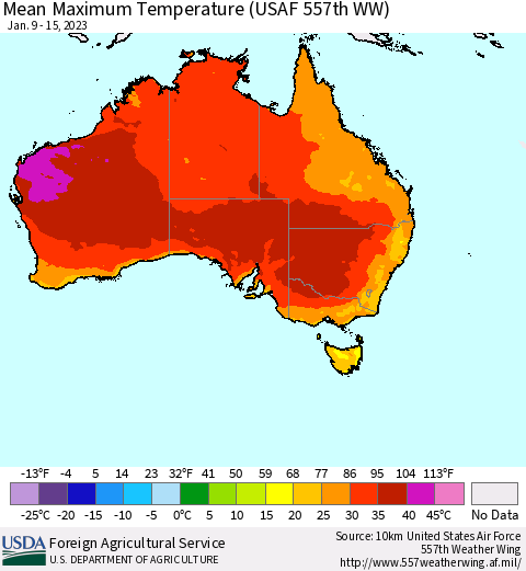 Australia Mean Maximum Temperature (USAF 557th WW) Thematic Map For 1/9/2023 - 1/15/2023
