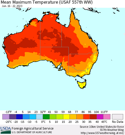 Australia Mean Maximum Temperature (USAF 557th WW) Thematic Map For 1/16/2023 - 1/22/2023