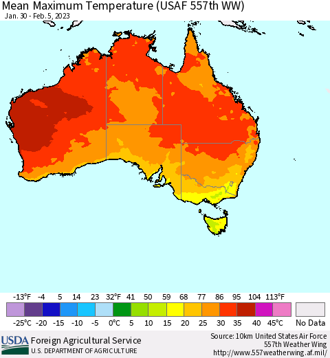 Australia Mean Maximum Temperature (USAF 557th WW) Thematic Map For 1/30/2023 - 2/5/2023