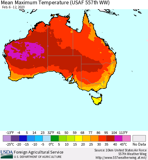 Australia Mean Maximum Temperature (USAF 557th WW) Thematic Map For 2/6/2023 - 2/12/2023