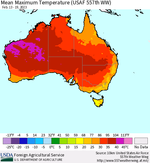Australia Mean Maximum Temperature (USAF 557th WW) Thematic Map For 2/13/2023 - 2/19/2023