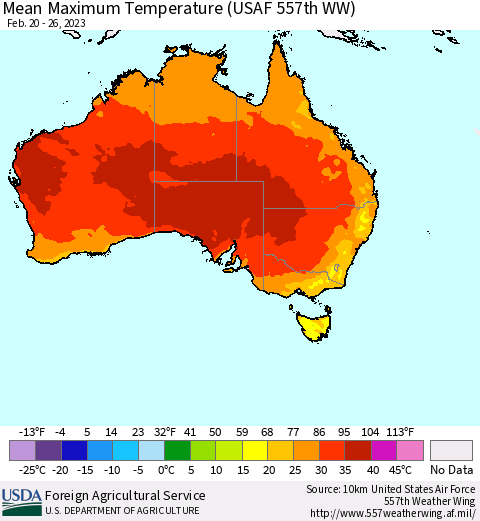 Australia Mean Maximum Temperature (USAF 557th WW) Thematic Map For 2/20/2023 - 2/26/2023