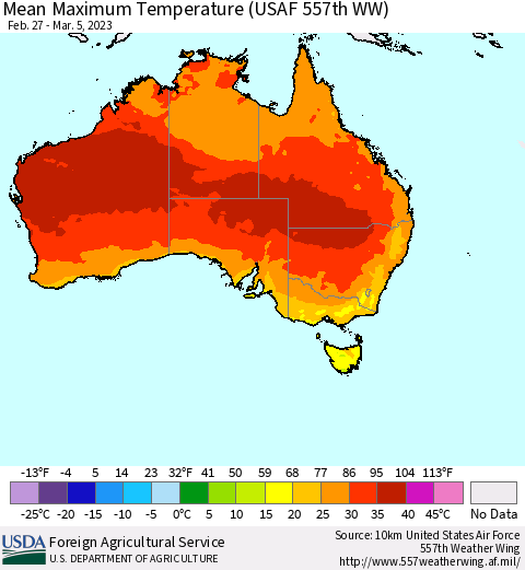 Australia Mean Maximum Temperature (USAF 557th WW) Thematic Map For 2/27/2023 - 3/5/2023