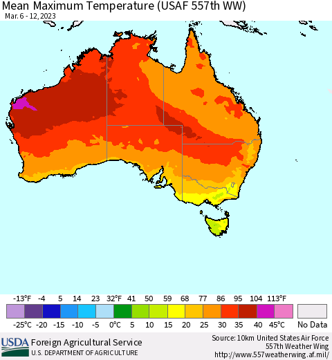 Australia Mean Maximum Temperature (USAF 557th WW) Thematic Map For 3/6/2023 - 3/12/2023