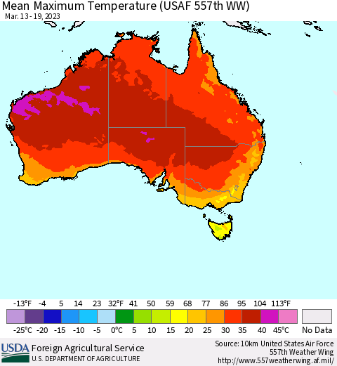Australia Mean Maximum Temperature (USAF 557th WW) Thematic Map For 3/13/2023 - 3/19/2023