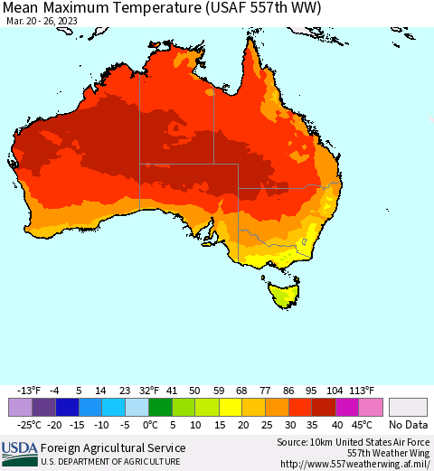 Australia Mean Maximum Temperature (USAF 557th WW) Thematic Map For 3/20/2023 - 3/26/2023