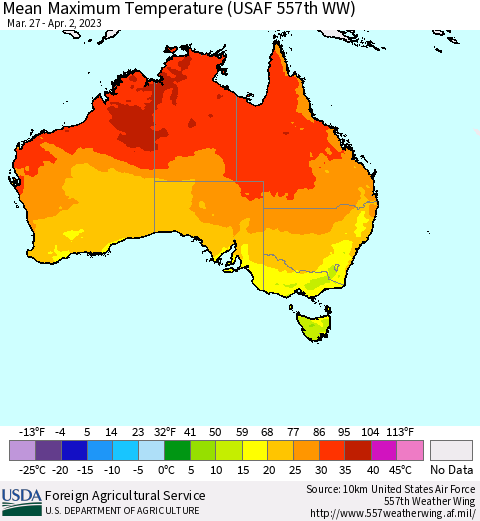 Australia Mean Maximum Temperature (USAF 557th WW) Thematic Map For 3/27/2023 - 4/2/2023