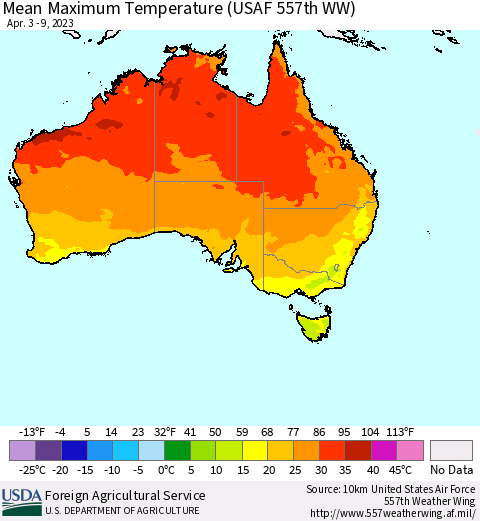 Australia Mean Maximum Temperature (USAF 557th WW) Thematic Map For 4/3/2023 - 4/9/2023