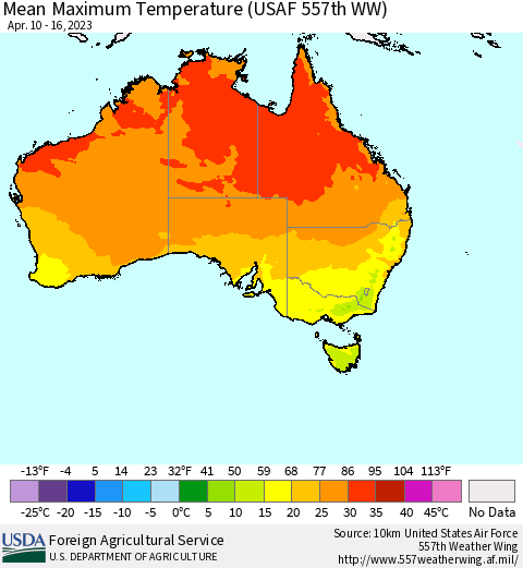 Australia Mean Maximum Temperature (USAF 557th WW) Thematic Map For 4/10/2023 - 4/16/2023