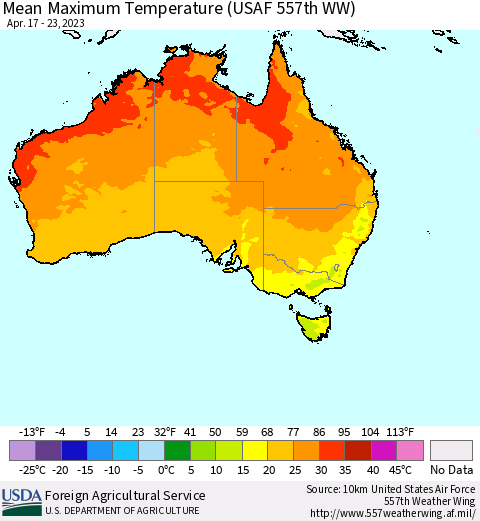 Australia Mean Maximum Temperature (USAF 557th WW) Thematic Map For 4/17/2023 - 4/23/2023