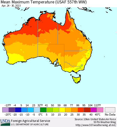 Australia Mean Maximum Temperature (USAF 557th WW) Thematic Map For 4/24/2023 - 4/30/2023