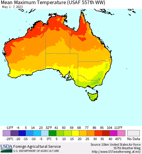 Australia Mean Maximum Temperature (USAF 557th WW) Thematic Map For 5/1/2023 - 5/7/2023