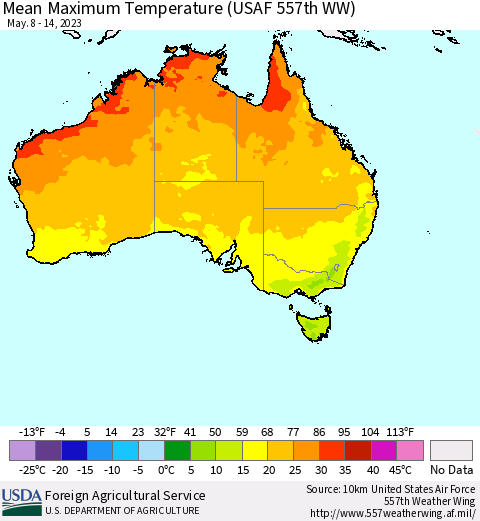 Australia Mean Maximum Temperature (USAF 557th WW) Thematic Map For 5/8/2023 - 5/14/2023