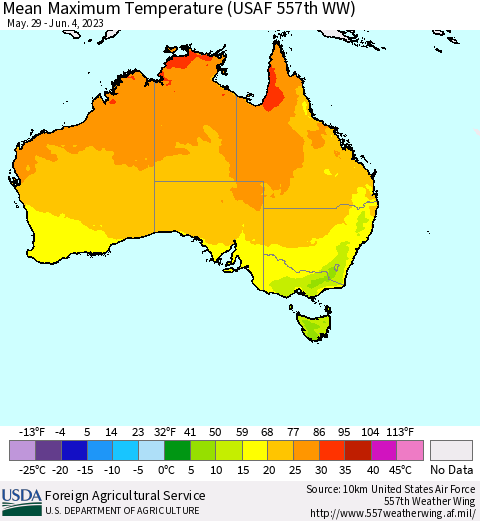 Australia Mean Maximum Temperature (USAF 557th WW) Thematic Map For 5/29/2023 - 6/4/2023