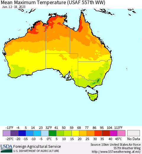 Australia Mean Maximum Temperature (USAF 557th WW) Thematic Map For 6/12/2023 - 6/18/2023