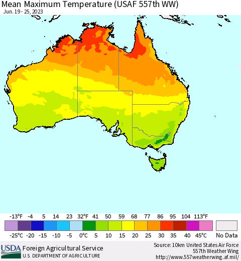 Australia Mean Maximum Temperature (USAF 557th WW) Thematic Map For 6/19/2023 - 6/25/2023