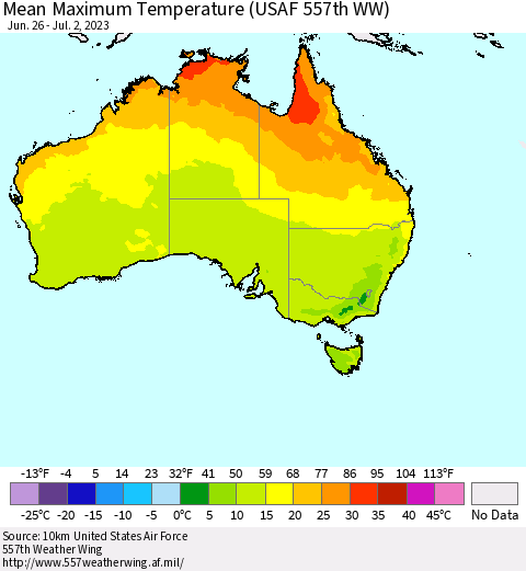 Australia Mean Maximum Temperature (USAF 557th WW) Thematic Map For 6/26/2023 - 7/2/2023